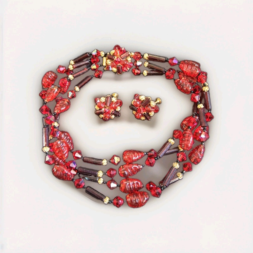 Vendome Vintage Red Art Glass Multi-Strand Necklace and Earrings Set France